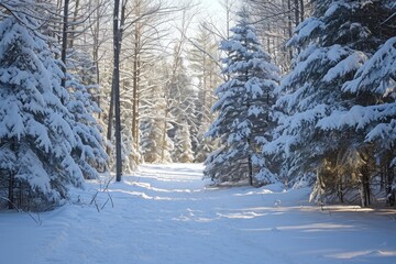 A snowy path meanders through a dense forest, creating a serene winter landscape, An untouched blanket of snow covering a serene forest, AI Generated
