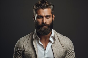 Fototapeta premium A man with a full beard wearing a white shirt stands in front of the camera.
