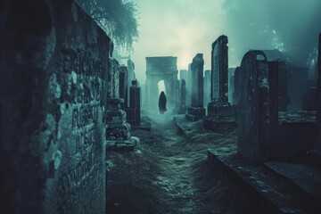 A somber cemetery surrounded by darkness, with a church visible in the distant background, Ancient cemetery with ghostly figures floating between the tombstones, AI Generated - obrazy, fototapety, plakaty