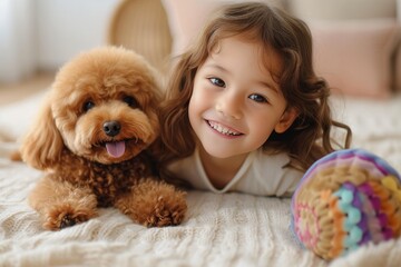 A young girl's infectious smile lights up the room as she poses next to her beloved stuffed toy dog, a fluffy brown puppy that is more than just a pet, but a loyal friend