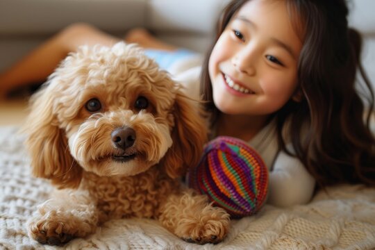 A playful labradoodle pup brings joy to a smiling girl as they relax indoors on a cozy blanket, both posing for the perfect photo