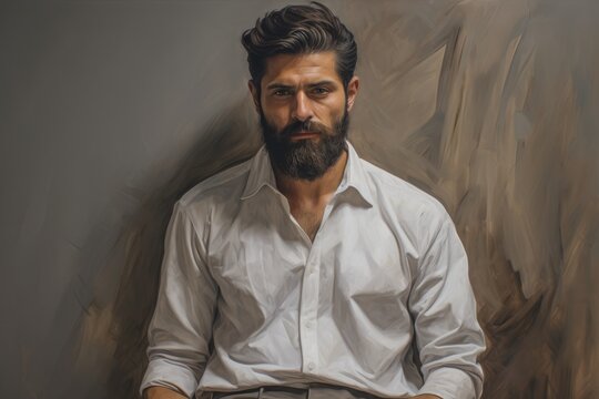 This photo depicts a detailed painting of a man with a beard, showcasing his facial features and expressions.