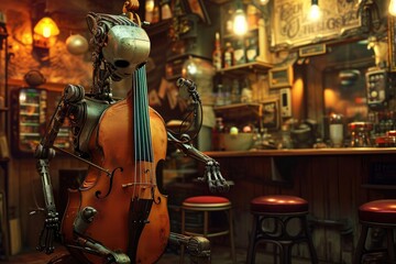 A robot at a bar plays a cello skillfully, entertaining the audience with its musical talent, Android playing a musical instrument in an old jazz club, AI Generated