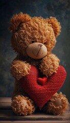 A teddy bear cuddling a heart, featuring plush fur and heartwarming details that add sweetness to the composition