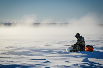 Fototapeta na wymiar A man dressed in warm clothing sits in the snow, holding a fishing rod and patiently waiting for a bite, Angler in heavy gear ice fishing in a snow-covered landscape, AI Generated