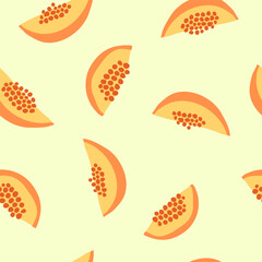 Papaya fruit with colored seeds seamless vector repeat pattern. Papaya cut pieces, minimal surface vector repeat pattern.