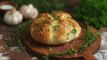 Photo of freshly baked artisan bread on a wooden board with herbs