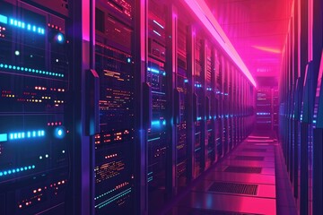 A photo showing a long row of servers in a bustling data center, with blinking lights indicating active data processing, Animation-style imagery of a working NAS storage system, AI Generated