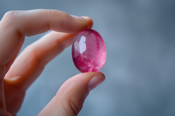Hand holding pink gemstone natural jewelry, crystal mineral