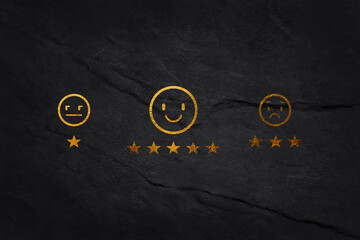 Customer satisfaction concept. Rating with five stars gold symbol and Smiley Face for her Satisfaction.