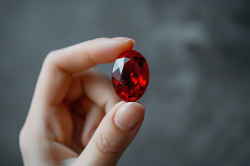 Hand holding red gemstone natural jewelry, crystal mineral