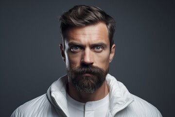 Obraz premium A man with a beard is wearing a white shirt and appears to be standing outdoors.
