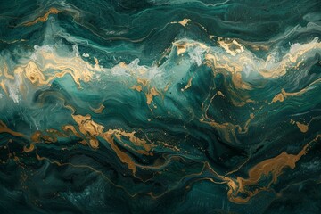 Acrylic fluid art dark green waves in abstract