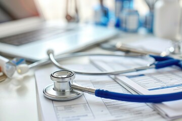 A stethoscope is placed on a desk next to a laptop, ready for a medical examination, Arrangement of a stethoscope and medical report in an office setting, AI Generated
