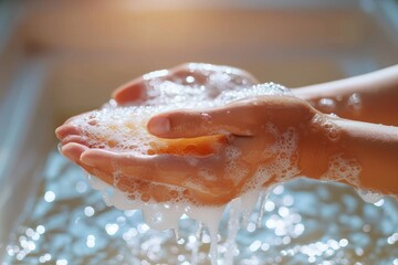 A person's hand immersed in a cascade of soapy bubbles, cleansing and purifying with each splash of liquid water