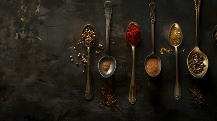 Rustic vintage spoons with assorted spices on dark textured background. ideal for culinary blogs and recipe websites. AI