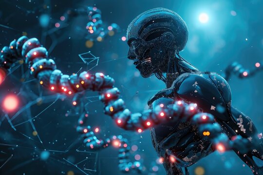 An extraterrestrial creature stands in front of a solid blue background, Artificial intelligence assisting in gene splicing, AI Generated