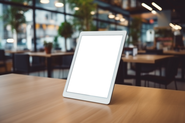 Modern Tablet with Transparent Screen on Wooden Office Table