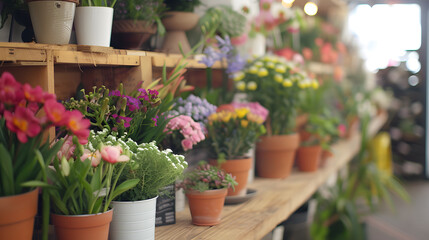 Fototapeta na wymiar Photo of a flower shop display with various bouquets of flowers and potted plants on a wooden shelf