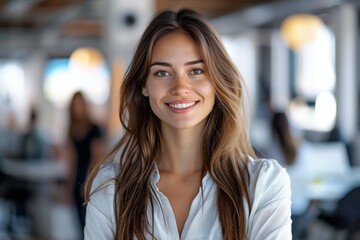 Obraz premium A stylish lady with long, layered brown hair and a warm smile gazes confidently at the camera, exuding a sense of effortless street fashion and radiating joy and femininity