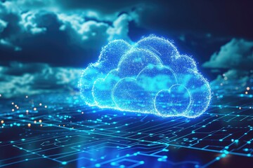 A blue cloud hovers above a meticulously designed computer circuit, creating a captivating visual contrast, Artistic depiction of a universal cloud storage system, AI Generated