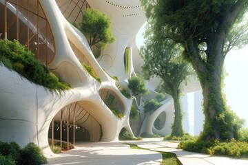 A sizable white building covered in trees growing on its exterior, Artistic design of an eco-friendly urban habitat, AI Generated - obrazy, fototapety, plakaty