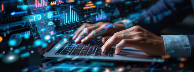 person's hands are seen typing on a laptop keyboard, with futuristic digital graphics of charts, graphs, and data analytics floating above the computer screen.