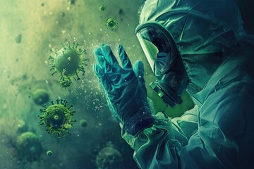 A person is seen wearing a protective suit and gloves while working in a laboratory, Artistic interpretation of disease eradication, AI Generated - obrazy, fototapety, plakaty