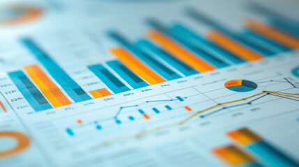 close-up of printed data charts, including bar graphs, line graphs, and pie charts, representing statistical analysis or business report findings.