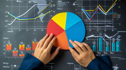 pair of hands are adjusting a large, tactile pie chart on a digital interface with various types of graphs and data visualizations in the background.