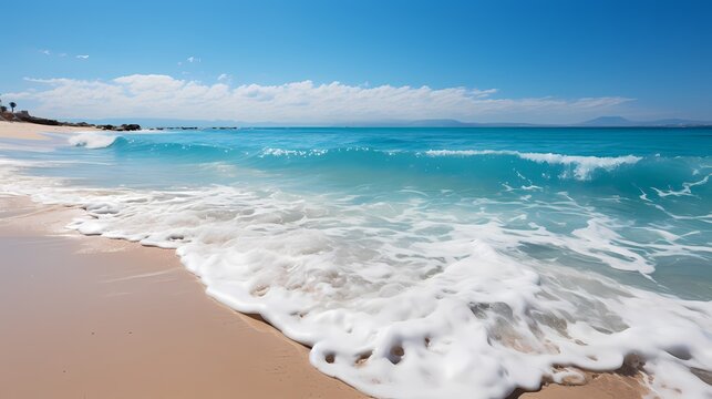 A tranquil cobalt blue ocean, with gentle waves lapping against a pristine sandy beach