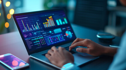 person working on a laptop which displays various colorful charts and graphs indicating some data analytics or business performance metrics.