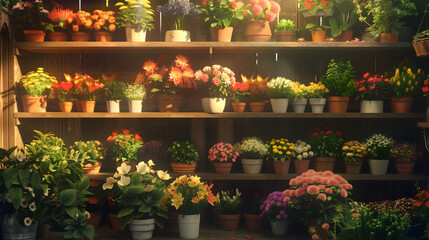 
Photo of a flower shop display with various bouquets of flowers and potted plants on a wooden shelf