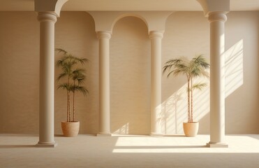 A room with multiple columns and various potted plants placed throughout.