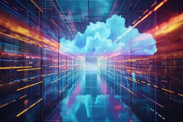 An abstract image capturing a cloud suspended in the middle of a room, creating a striking visual contrast, Artwork exhibiting file sharing through cloud storage, AI Generated