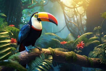 Fototapeta premium A toucan in a tropical rainforest, Toucan tropical bird sitting on a tree branch in natural wildlife environment in rainforest jungle, AI generated
