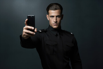 A man dressed in uniform captures a self-portrait using his cell phone.