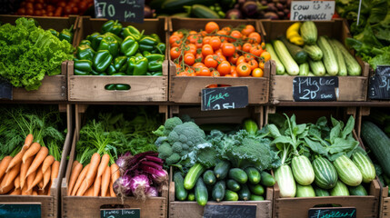 assortment of fresh vegetables neatly organized on a market stall