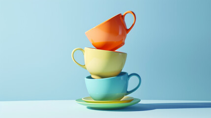 a stack of four colorful cups with saucers in pastel shades of yellow, orange, green, and turquoise, arranged in a vertical line against a light blue background.