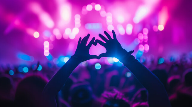 lively crowd at a concert, with hands raised in the air, silhouetted against a backdrop of vibrant stage lights, capturing the energy and excitement of a live music event.