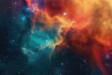 The photo showcases a vibrant and dynamic space adorned with countless stars scattered across the expanse, Astro-art depicting a nebula cloud in bold, exotic colors, AI Generated