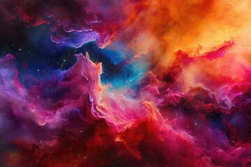 The image captures a vibrant space scene filled with swirling clouds and twinkling stars against a dark background, Astro-art depicting a nebula cloud in bold, exotic colors, AI Generated