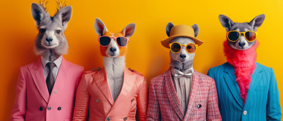 Two suave mammals donning tailored suits and shades stand confidently against a textured wall, exuding a sense of cool and sophistication in their indoor habitat