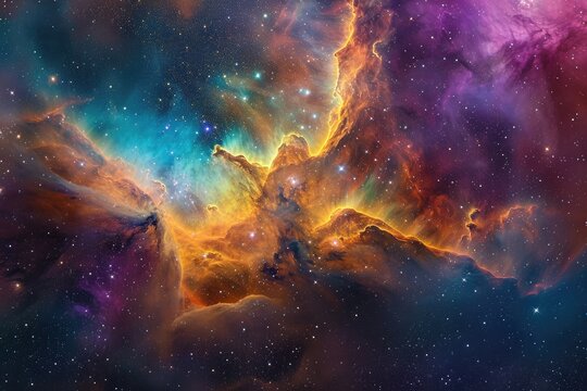This photo depicts a vibrant expanse of space adorned with countless stars shining brightly, Astro-art depicting a nebula cloud in bold, exotic colors, AI Generated