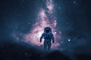 A man dressed in a space suit stands on the ground, facing towards the star-filled sky, Astronaut in space suit seemingly walking on the milky way, AI Generated