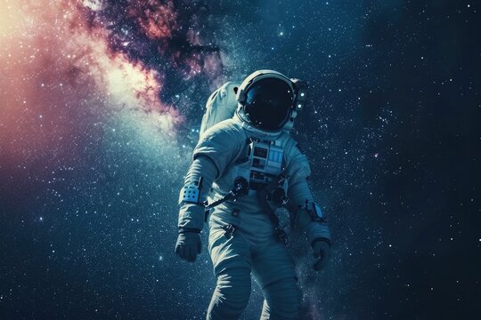 A man wearing an astronaut suit stands confidently in front of a stunning galaxy backdrop, Astronaut in space suit seemingly walking on the milky way, AI Generated