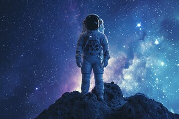 An astronaut stands on top of a mountain, gazing at the stars in the night sky, Astronaut in spacesuit standing on asteroid in space, AI Generated