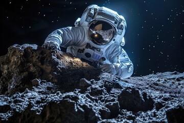 Astronaut on Moons Surface, Examining Lunar Soil Composition, Astronaut making valuable discovery on asteroid mining expedition, AI Generated - obrazy, fototapety, plakaty