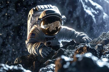 A man dressed in an astronaut suit is ascending a mountain, showcasing his determination and strength, Astronaut making valuable discovery on asteroid mining expedition, AI Generated