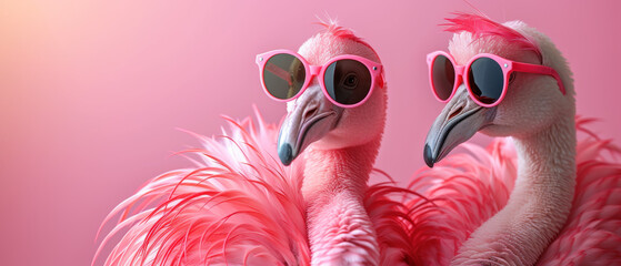 Two flamboyant flamingos flaunt their fashionable shades, adding a touch of sass to the serene aquatic landscape - obrazy, fototapety, plakaty